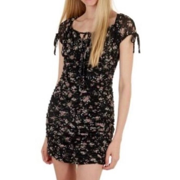 ULTRA FLIRT Black Burgundy Butterfly Print Mesh Tie Neck Y2K Ruched Mini Dress M - Picture 3 of 15